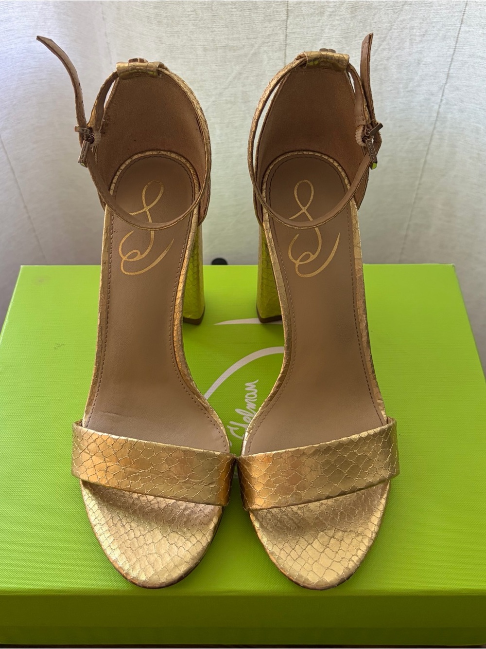 Sam Edelman Yaro Gold Snake Embossed Ankle Strap Sandals 7.5 M 38 - Picture 3 of 11